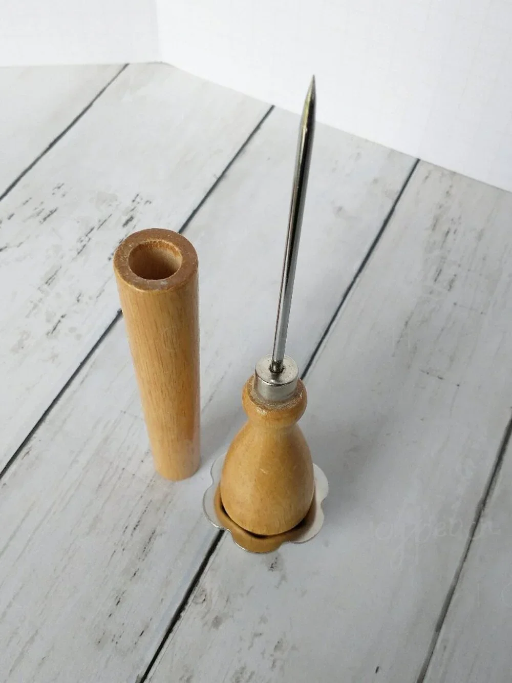 Ice Pick Wood Handle Metal Cap Crusher Sheath Cover Rustic Farmhouse Cabin Retro